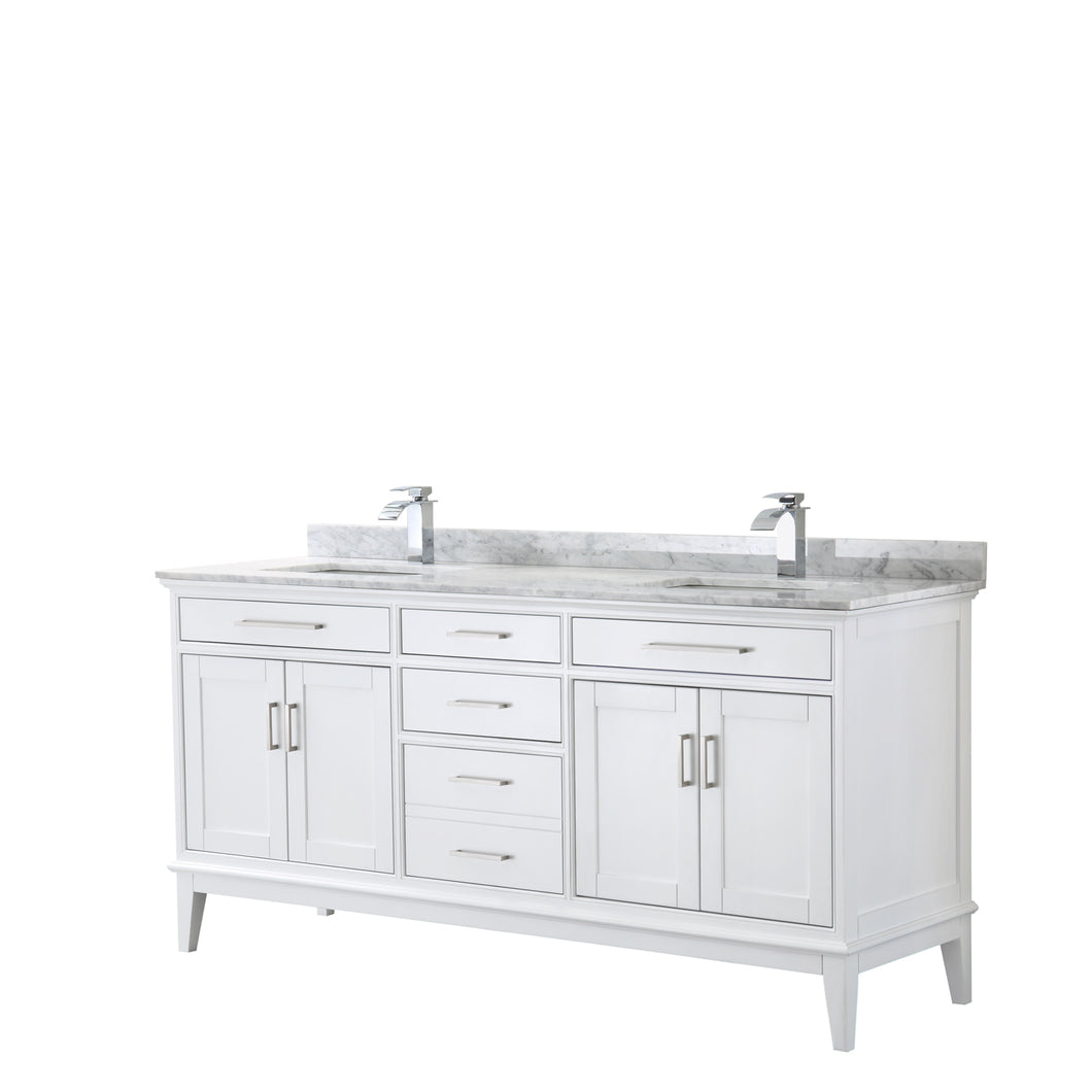 Wyndham Margate 72 Inch Double Bathroom Vanity in White, White Carrara Marble Countertop, Undermount Square Sinks, and No Mirror- Wyndham