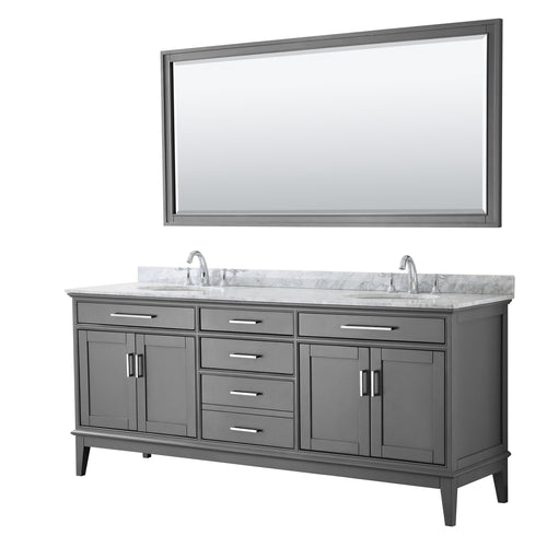 Wyndham Margate 80 Inch Double Bathroom Vanity in Dark Gray, White Carrara Marble Countertop, Undermount Oval Sinks, and 70 Inch Mirror- Wyndham