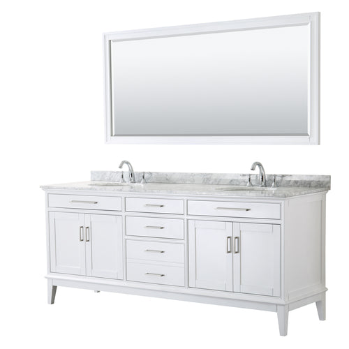 Wyndham Margate 80 Inch Double Bathroom Vanity in White, White Carrara Marble Countertop, Undermount Oval Sinks, and 70 Inch Mirror- Wyndham