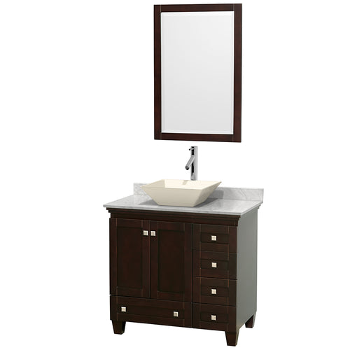 Wyndham Acclaim 36 Inch Single Bathroom Vanity in Espresso, White Carrara Marble Countertop, Pyra Bone Porcelain Sink, and 24 Inch Mirror- Wyndham