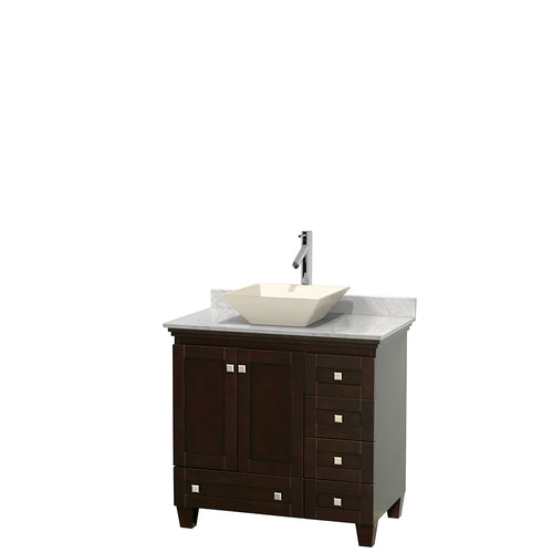 Wyndham Acclaim 36 Inch Single Bathroom Vanity in Espresso, White Carrara Marble Countertop, Pyra Bone Porcelain Sink, and No Mirror- Wyndham
