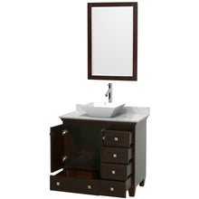 Load image into Gallery viewer, Wyndham Acclaim 36 Inch Single Bathroom Vanity in Espresso, White Carrara Marble Countertop, Pyra White Porcelain Sink, and 24 Inch Mirror- Wyndham