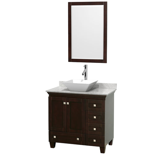 Wyndham Acclaim 36 Inch Single Bathroom Vanity in Espresso, White Carrara Marble Countertop, Pyra White Porcelain Sink, and 24 Inch Mirror- Wyndham