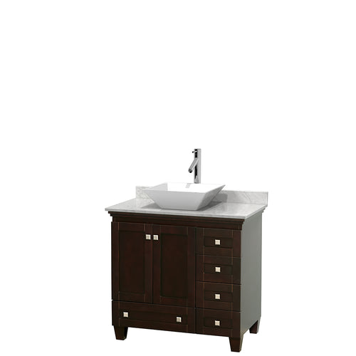 Wyndham Acclaim 36 Inch Single Bathroom Vanity in Espresso, White Carrara Marble Countertop, Pyra White Porcelain Sink, and No Mirror- Wyndham