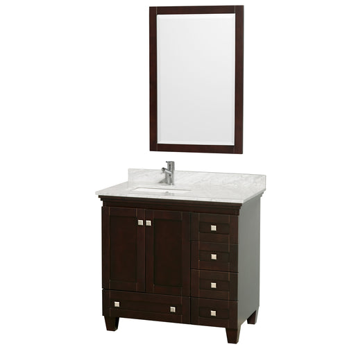 Wyndham Acclaim 36 Inch Single Bathroom Vanity in Espresso, White Carrara Marble Countertop, Undermount Square Sink, and 24 Inch Mirror- Wyndham