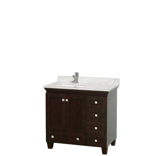 Wyndham Acclaim 36 Inch Single Bathroom Vanity in Espresso, White Carrara Marble Countertop, Undermount Square Sink, and No Mirror- Wyndham