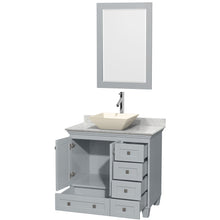Load image into Gallery viewer, Wyndham Acclaim 36 Inch Single Bathroom Vanity in Oyster Gray, White Carrara Marble Countertop, Pyra Bone Porcelain Sink, and 24 Inch Mirror- Wyndham
