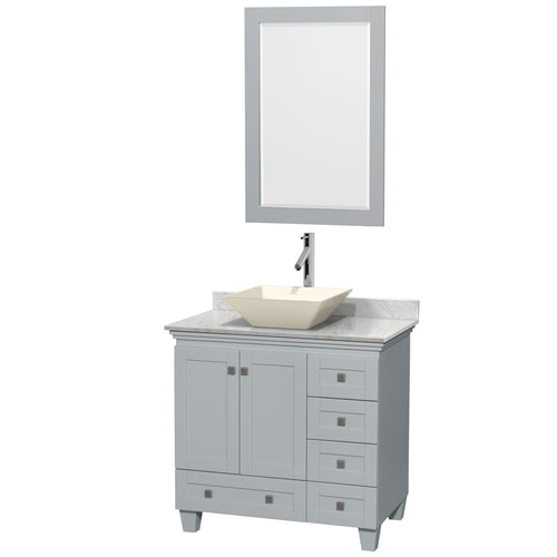 Wyndham Acclaim 36 Inch Single Bathroom Vanity in Oyster Gray, White Carrara Marble Countertop, Pyra Bone Porcelain Sink, and 24 Inch Mirror- Wyndham