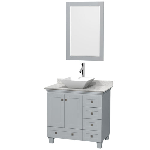 Wyndham Acclaim 36 Inch Single Bathroom Vanity in Oyster Gray, White Carrara Marble Countertop, Pyra White Porcelain Sink, and 24 Inch Mirror- Wyndham