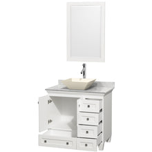 Load image into Gallery viewer, Wyndham Acclaim 36 Inch Single Bathroom Vanity in White, White Carrara Marble Countertop, Pyra Bone Porcelain Sink, and 24 Inch Mirror- Wyndham