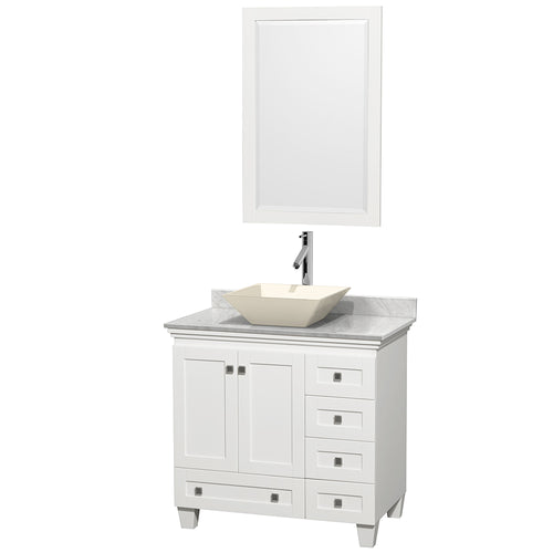 Wyndham Acclaim 36 Inch Single Bathroom Vanity in White, White Carrara Marble Countertop, Pyra Bone Porcelain Sink, and 24 Inch Mirror- Wyndham
