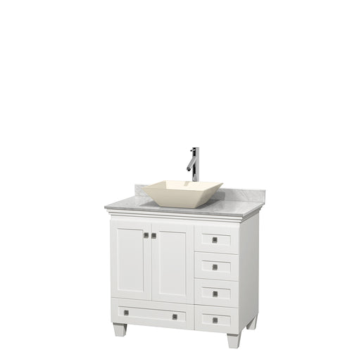 Wyndham Acclaim 36 Inch Single Bathroom Vanity in White, White Carrara Marble Countertop, Pyra Bone Porcelain Sink, and No Mirror- Wyndham