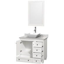 Load image into Gallery viewer, Wyndham Acclaim 36 Inch Single Bathroom Vanity in White, White Carrara Marble Countertop, Pyra White Porcelain Sink, and 24 Inch Mirror- Wyndham
