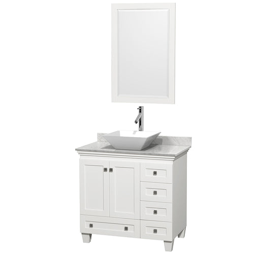 Wyndham Acclaim 36 Inch Single Bathroom Vanity in White, White Carrara Marble Countertop, Pyra White Porcelain Sink, and 24 Inch Mirror- Wyndham