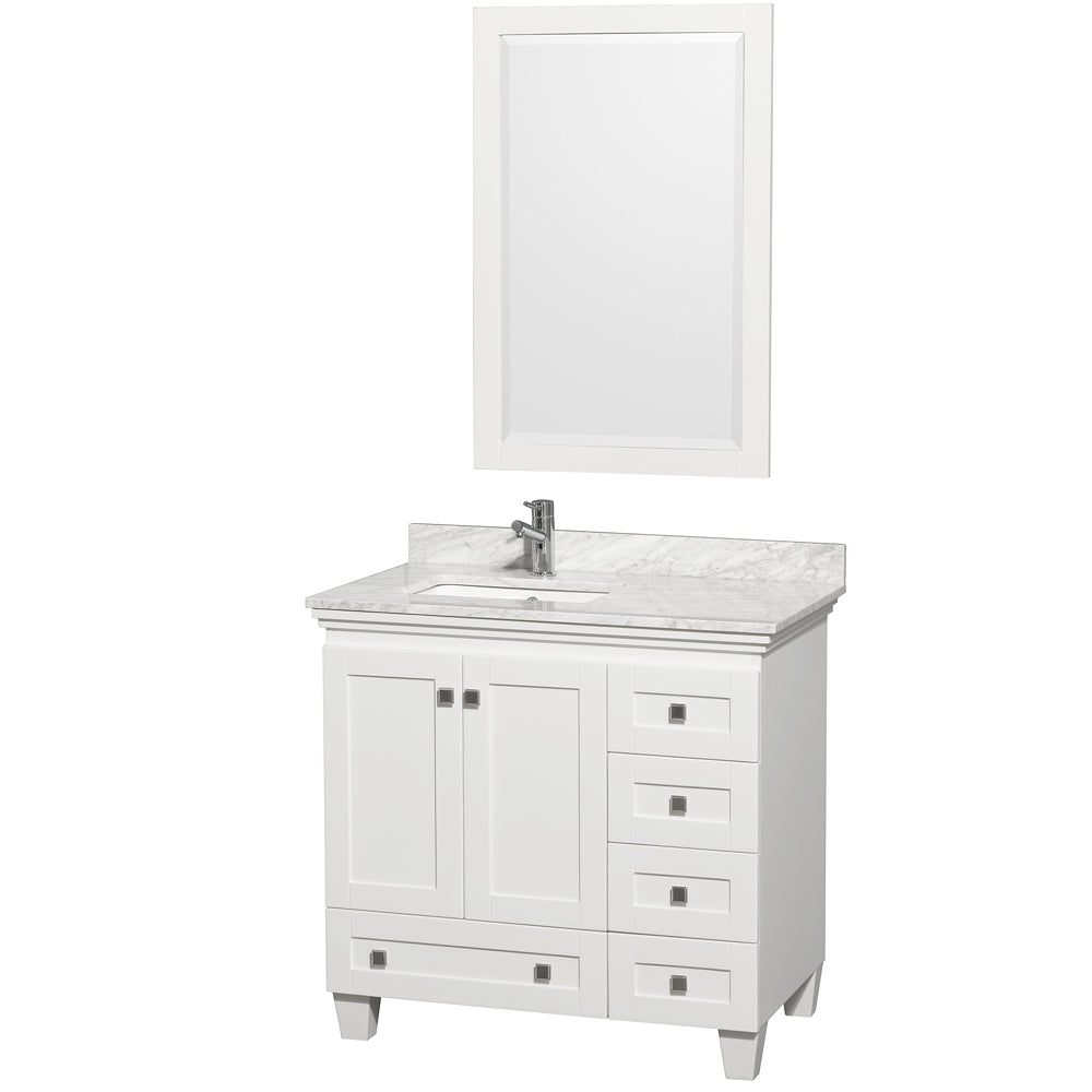 Wyndham Acclaim 36 Inch Single Bathroom Vanity in White, White Carrara Marble Countertop, Undermount Square Sink, and 24 Inch Mirror- Wyndham