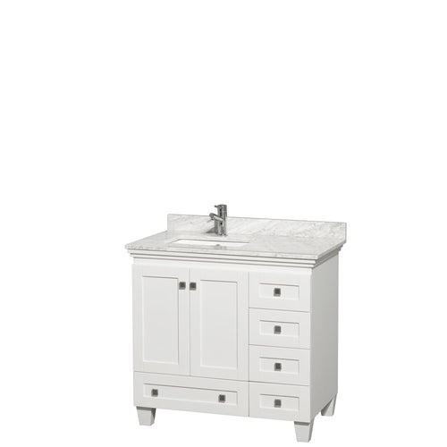 Wyndham Acclaim 36 Inch Single Bathroom Vanity in White, White Carrara Marble Countertop, Undermount Square Sink, and No Mirror- Wyndham