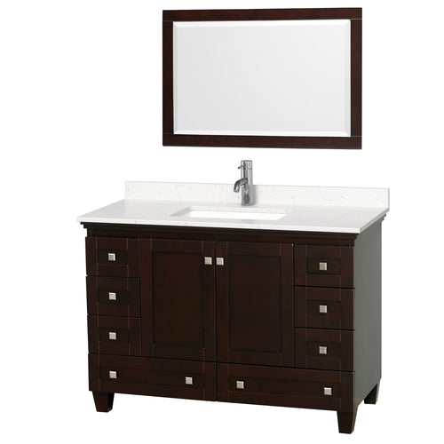 Wyndham Acclaim 48 Inch Single Bathroom Vanity in Espresso, Light-Vein Carrara Cultured Marble Countertop, Undermount Square Sink, 24 Inch Mirror- Wyndham