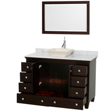Load image into Gallery viewer, Wyndham Acclaim 48 Inch Single Bathroom Vanity in Espresso, White Carrara Marble Countertop, Pyra Bone Sink, and 24 Inch Mirror- Wyndham