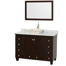 Load image into Gallery viewer, Wyndham Acclaim 48 Inch Single Bathroom Vanity in Espresso, White Carrara Marble Countertop, Pyra Bone Sink, and 24 Inch Mirror- Wyndham