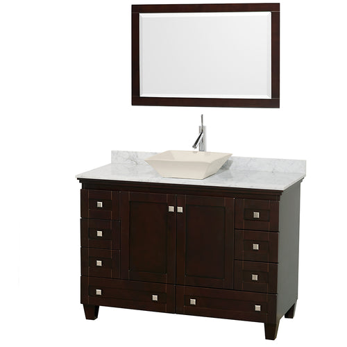 Wyndham Acclaim 48 Inch Single Bathroom Vanity in Espresso, White Carrara Marble Countertop, Pyra Bone Sink, and 24 Inch Mirror- Wyndham