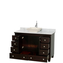 Load image into Gallery viewer, Wyndham Acclaim 48 Inch Single Bathroom Vanity in Espresso, White Carrara Marble Countertop, Pyra Bone Sink, and No Mirror- Wyndham