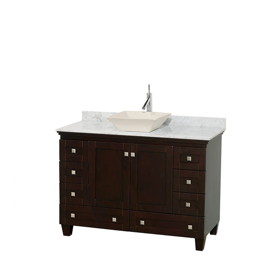 Wyndham Acclaim 48 Inch Single Bathroom Vanity in Espresso, White Carrara Marble Countertop, Pyra Bone Sink, and No Mirror- Wyndham