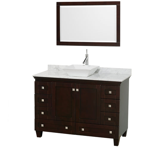 Wyndham Acclaim 48 Inch Single Bathroom Vanity in Espresso, White Carrara Marble Countertop, Pyra White Sink, and 24 Inch Mirror- Wyndham