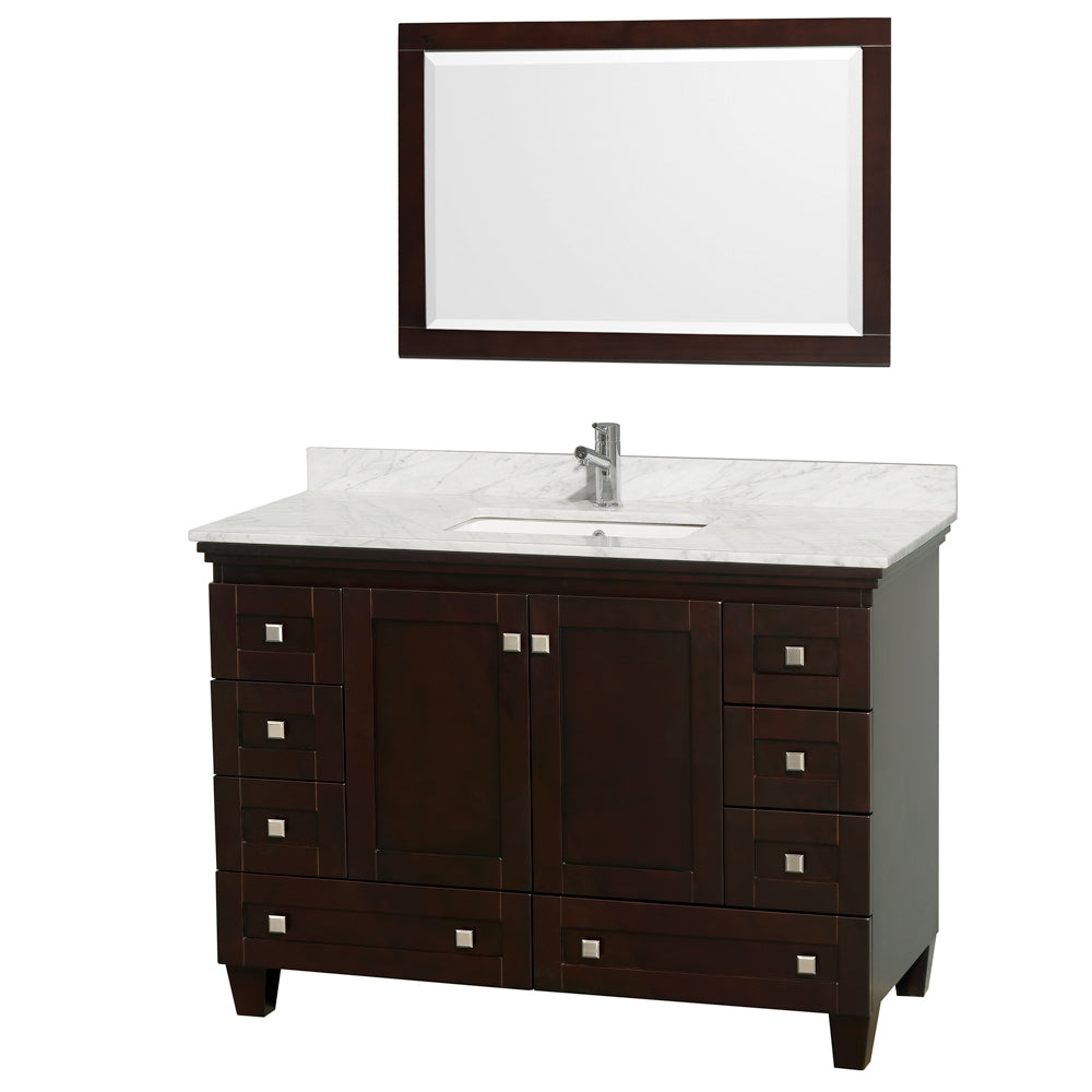 Wyndham Acclaim 48 Inch Single Bathroom Vanity in Espresso, White Carrara Marble Countertop, Undermount Square Sink, and 24 Inch Mirror- Wyndham