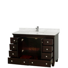 Load image into Gallery viewer, Wyndham Acclaim 48 Inch Single Bathroom Vanity in Espresso, White Carrara Marble Countertop, Undermount Square Sink, and No Mirror- Wyndham