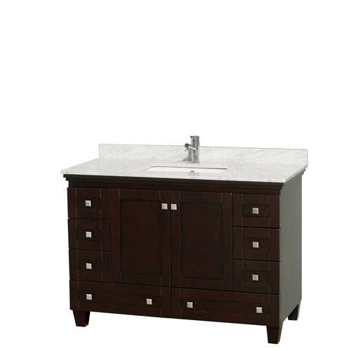 Wyndham Acclaim 48 Inch Single Bathroom Vanity in Espresso, White Carrara Marble Countertop, Undermount Square Sink, and No Mirror- Wyndham