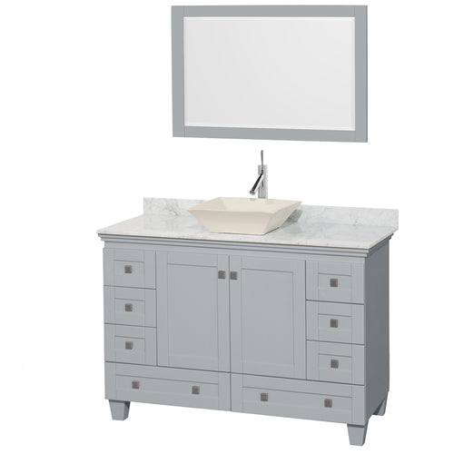 Wyndham Acclaim 48 Inch Single Bathroom Vanity in Oyster Gray, White Carrara Marble Countertop, Pyra Bone Porcelain Sink, and 24 Inch Mirror- Wyndham