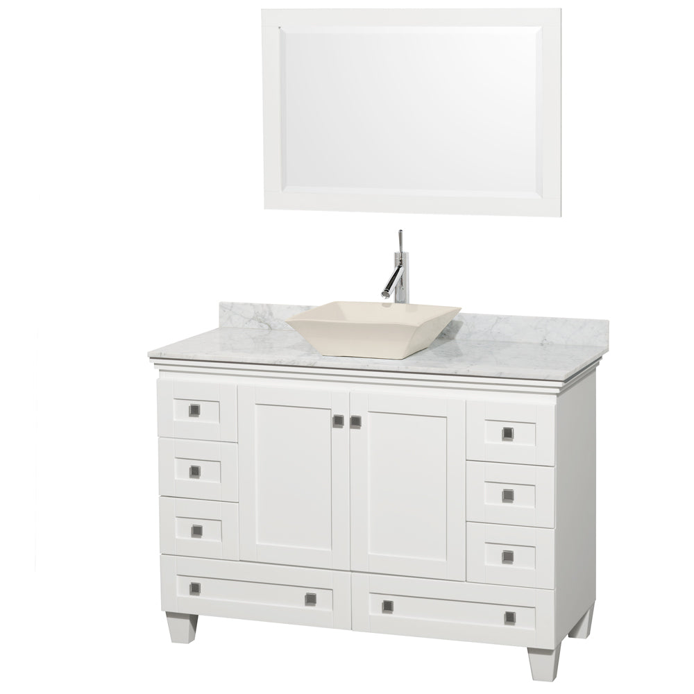 Wyndham Acclaim 48 Inch Single Bathroom Vanity in White, White Carrara Marble Countertop, Pyra Bone Sink, and 24 Inch Mirror- Wyndham