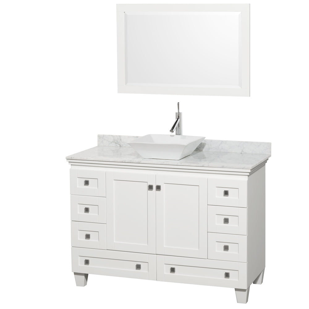 Wyndham Acclaim 48 Inch Single Bathroom Vanity in White, White Carrara Marble Countertop, Pyra White Sink, and 24 Inch Mirror- Wyndham