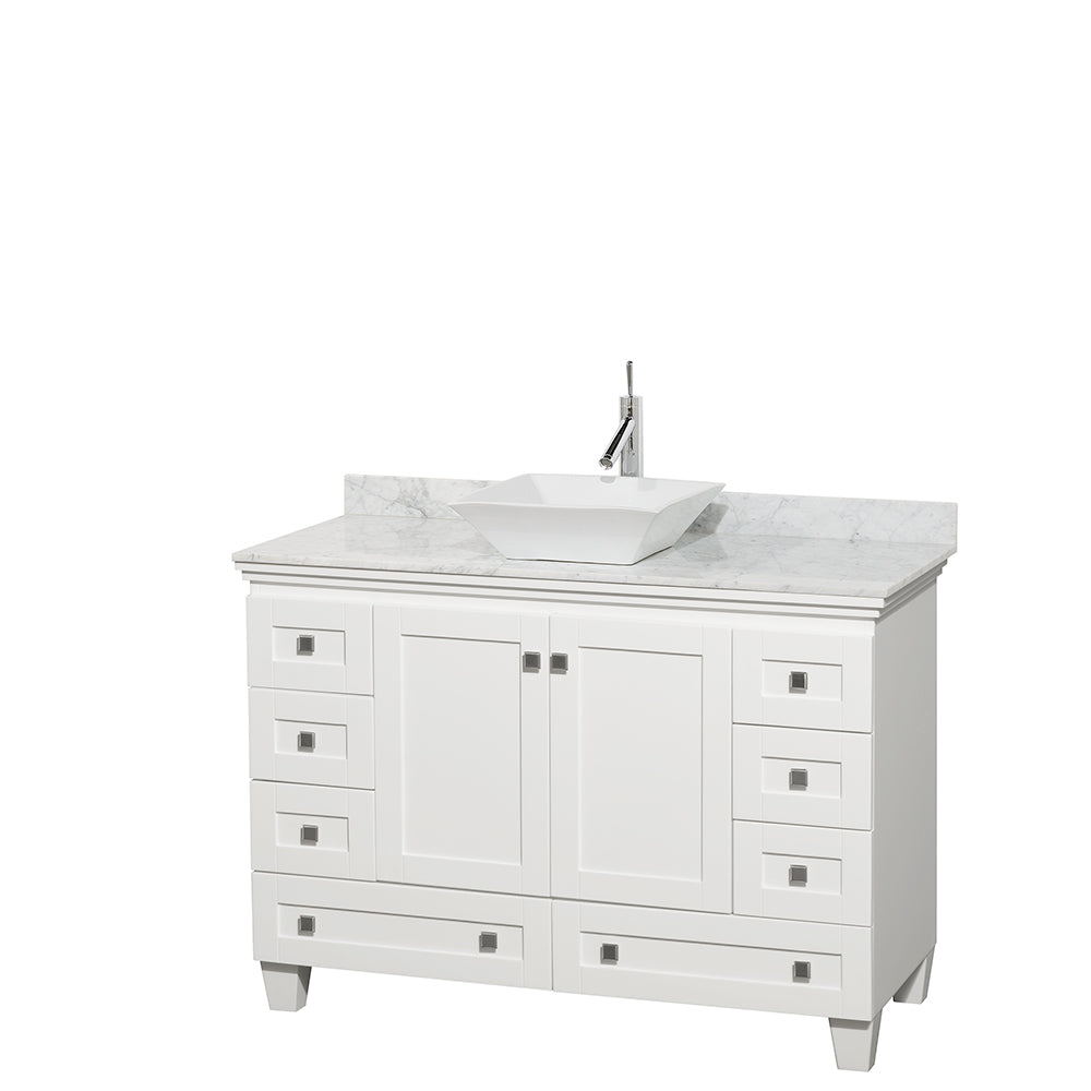 Wyndham Acclaim 48 Inch Single Bathroom Vanity in White, White Carrara Marble Countertop, Pyra White Sink, and No Mirror- Wyndham