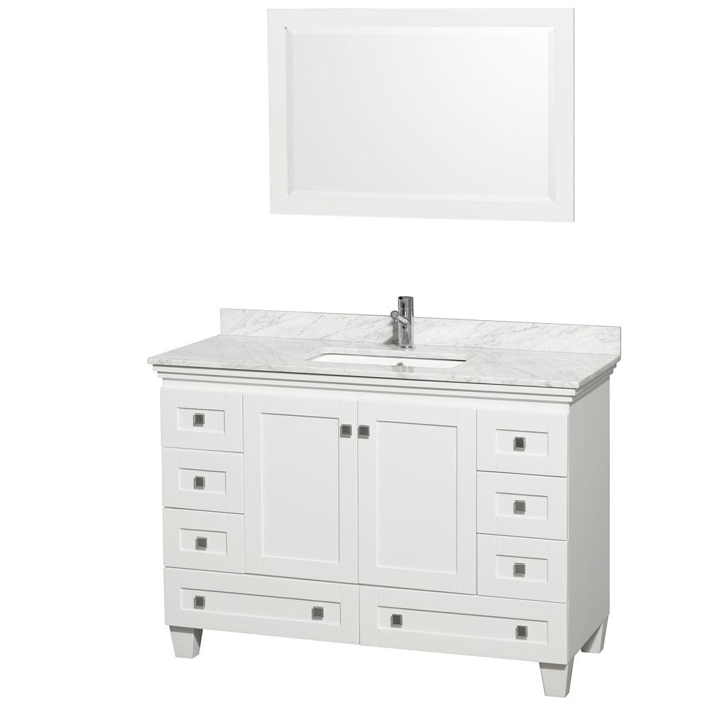 Wyndham Acclaim 48 Inch Single Bathroom Vanity in White, White Carrara Marble Countertop, Undermount Square Sink, and 24 Inch Mirror- Wyndham