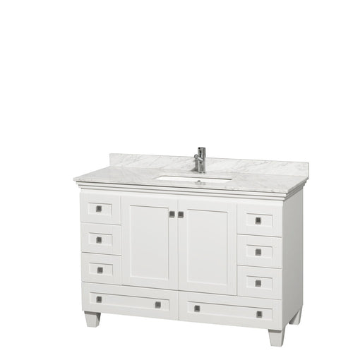 Wyndham Acclaim 48 Inch Single Bathroom Vanity in White, White Carrara Marble Countertop, Undermount Square Sink, and No Mirror- Wyndham