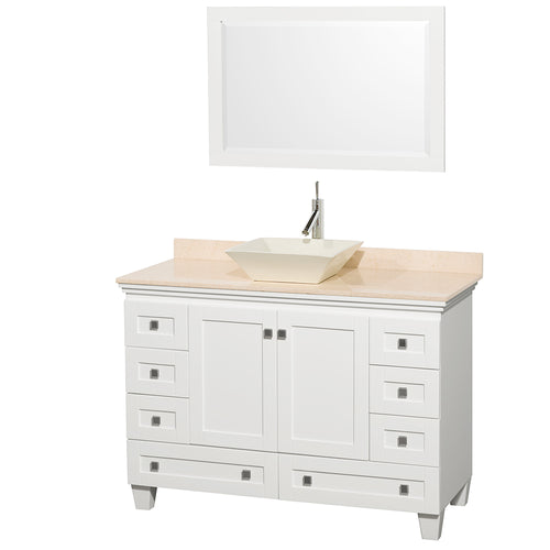 Wyndham Acclaim 48 Inch Single Bathroom Vanity in White, Ivory Marble Countertop, Pyra Bone Sink, and 24 Inch Mirror- Wyndham