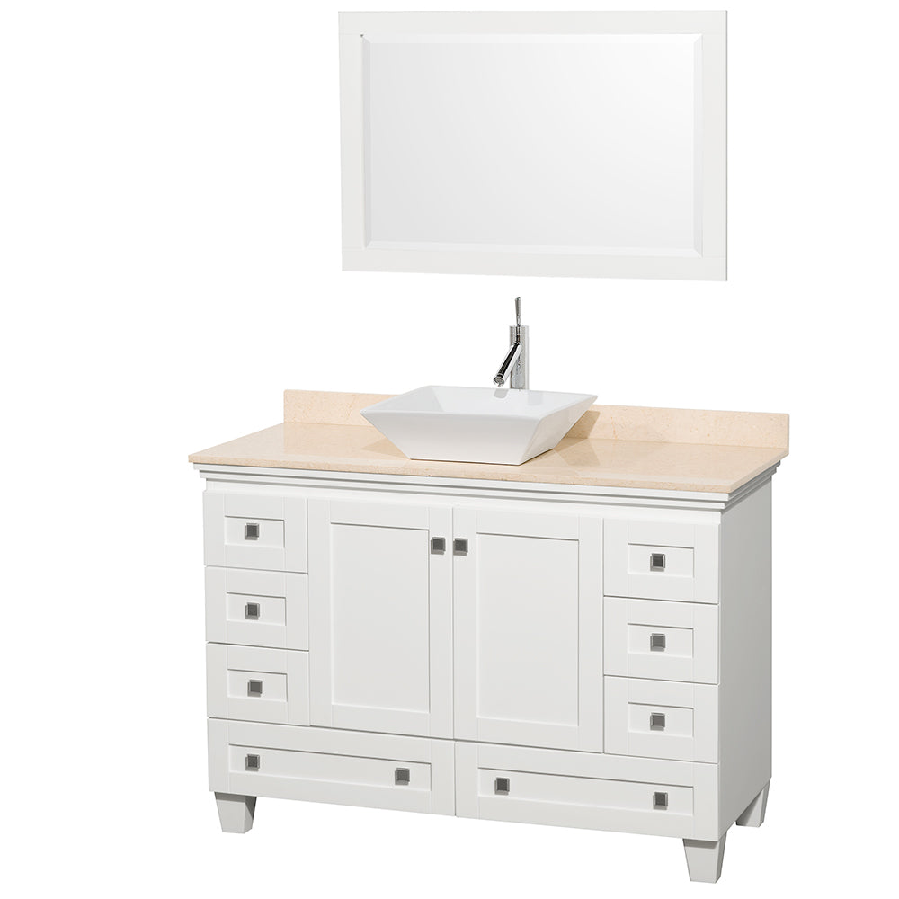 Wyndham Acclaim 48 Inch Single Bathroom Vanity in White, Ivory Marble Countertop, Pyra White Sink, and 24 Inch Mirror- Wyndham
