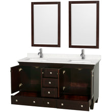 Load image into Gallery viewer, Wyndham Acclaim 60 Inch Double Bathroom Vanity in Espresso, Light-Vein Carrara Cultured Marble Countertop, Undermount Square Sinks, 24 Inch Mirrors- Wyndham