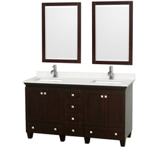 Load image into Gallery viewer, Wyndham Acclaim 60 Inch Double Bathroom Vanity in Espresso, Light-Vein Carrara Cultured Marble Countertop, Undermount Square Sinks, 24 Inch Mirrors- Wyndham