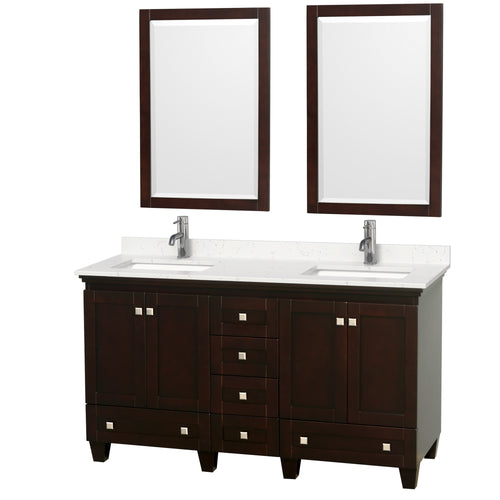 Wyndham Acclaim 60 Inch Double Bathroom Vanity in Espresso, Light-Vein Carrara Cultured Marble Countertop, Undermount Square Sinks, 24 Inch Mirrors- Wyndham