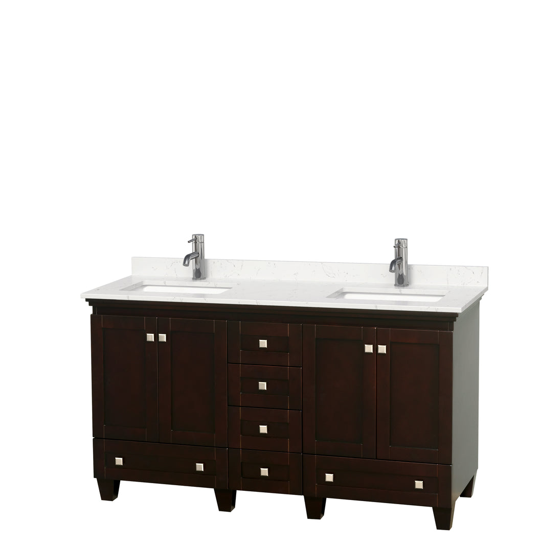 Wyndham Acclaim 60 Inch Double Bathroom Vanity in Espresso, Light-Vein Carrara Cultured Marble Countertop, Undermount Square Sinks, No Mirrors- Wyndham