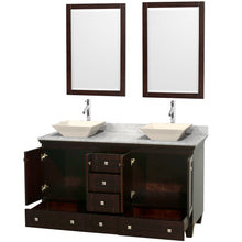 Load image into Gallery viewer, Wyndham Acclaim 60 Inch Double Bathroom Vanity in Espresso, White Carrara Marble Countertop, Pyra Bone Sinks, and 24 Inch Mirrors- Wyndham