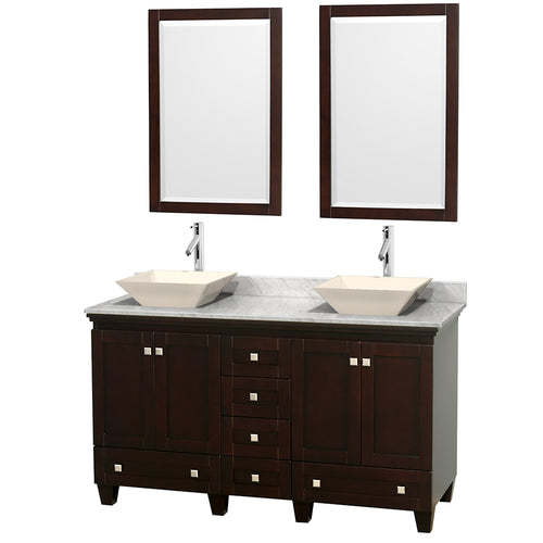 Wyndham Acclaim 60 Inch Double Bathroom Vanity in Espresso, White Carrara Marble Countertop, Pyra Bone Sinks, and 24 Inch Mirrors- Wyndham