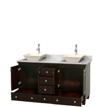 Load image into Gallery viewer, Wyndham Acclaim 60 Inch Double Bathroom Vanity in Espresso, White Carrara Marble Countertop, Pyra Bone Sinks, and No Mirrors- Wyndham