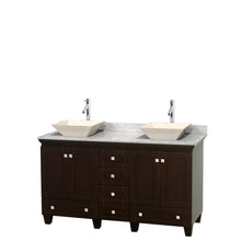 Load image into Gallery viewer, Wyndham Acclaim 60 Inch Double Bathroom Vanity in Espresso, White Carrara Marble Countertop, Pyra Bone Sinks, and No Mirrors- Wyndham