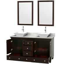 Load image into Gallery viewer, Wyndham Acclaim 60 Inch Double Bathroom Vanity in Espresso, White Carrara Marble Countertop, Pyra White Sinks, and 24 Inch Mirrors- Wyndham