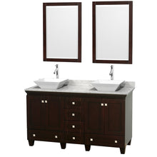Load image into Gallery viewer, Wyndham Acclaim 60 Inch Double Bathroom Vanity in Espresso, White Carrara Marble Countertop, Pyra White Sinks, and 24 Inch Mirrors- Wyndham