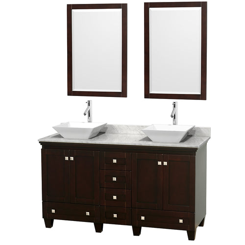 Wyndham Acclaim 60 Inch Double Bathroom Vanity in Espresso, White Carrara Marble Countertop, Pyra White Sinks, and 24 Inch Mirrors- Wyndham