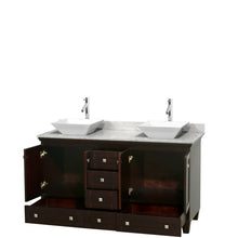 Load image into Gallery viewer, Wyndham Acclaim 60 Inch Double Bathroom Vanity in Espresso, White Carrara Marble Countertop, Pyra White Sinks, and No Mirrors- Wyndham